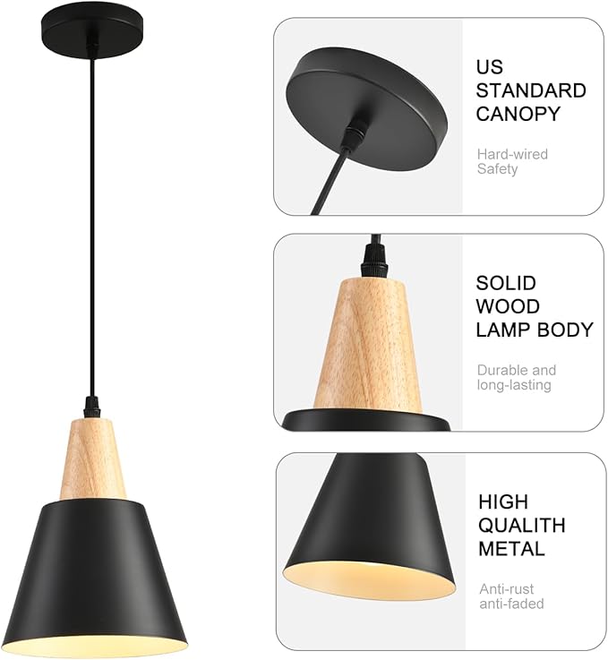 3 Pack Pendant Lights, Black Pendant Lights Kitchen Island,Wood Dome Minimalist Industrial Ceiling Hanging Lights for Kitchen Island, Barn, Dining Room, Living Room, Bedroom