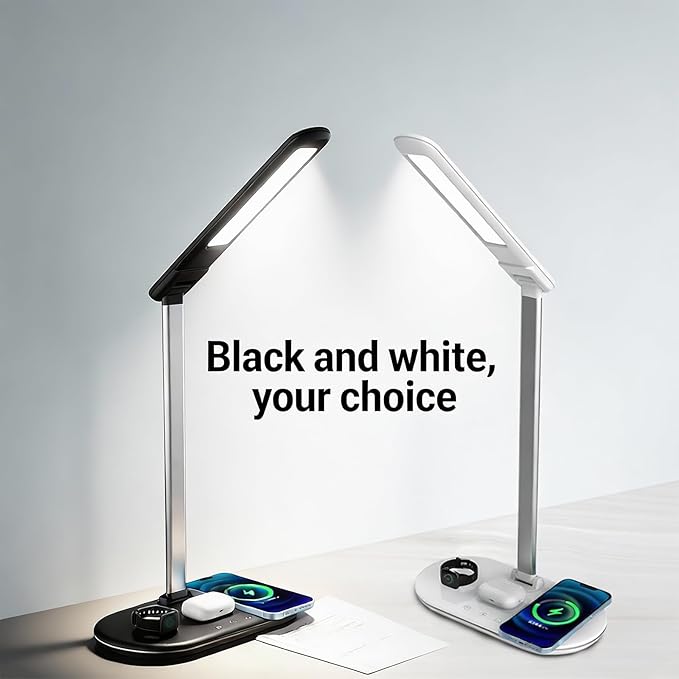 IHAO 3in1 Wireless Charging Eye-Care Desk Lamp 15W Fast Charging Station for Phone, Smartwatch & Earbuds, Touch Control Dimmable LED Light Adjustable Gooseneck, Modern Office Table Lamp-HYT2096 Black