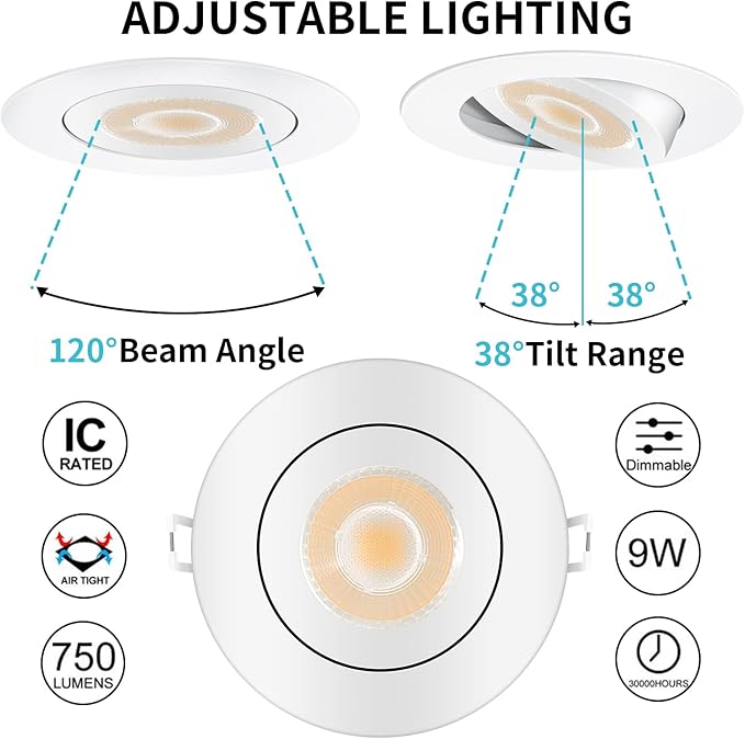 KnLnny Ware Gimbal Recessed Lights 4 Inch with Night Light, Eyeball recessed Lighting with Junction Box,9W 750LM Dimmable ETL Listed, Airtight, 5CCT Selectable