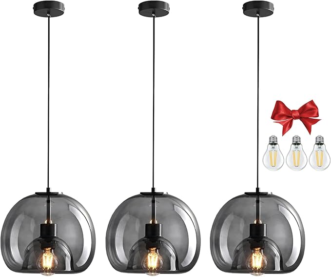 9.1in Large Smoke Glass Pendant Light for Kitchen Island, 3-Pack with Extra LED Bulbs & 4.92ft Adjustable Cord | Modern Minimalist Lighting for Dining Room, Living Room, Entryway