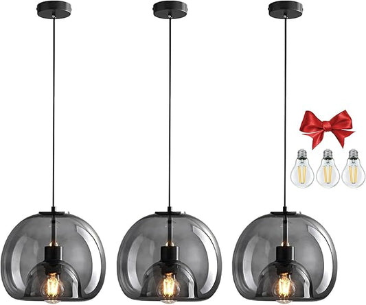 9.1in Large Smoke Glass Pendant Light for Kitchen Island, 3-Pack with Extra LED Bulbs & 4.92ft Adjustable Cord | Modern Minimalist Lighting for Dining Room, Living Room, Entryway