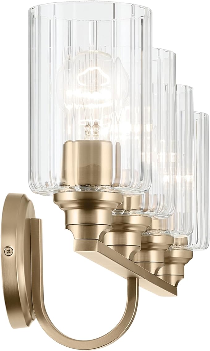 Kichler Gioe 32.25 in 4-Light Bathroom Vanity Light Fixture with Clear Fluted Glass in Champagne Bronze, Damp Rated for Mirror, Powder Room (32.25 in W x 10.5 in H), 55227CPZFLU
