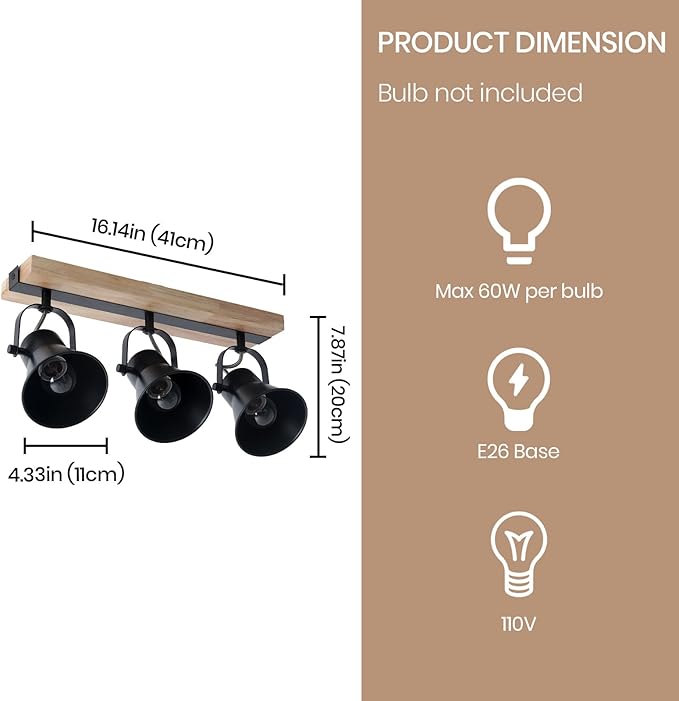 SEEBLEN 3-Lights Track Lighting Fixtures Ceiling，Farmhouse Wood Flush Mount Ceiling Light, Multi-Directional Kitchen Sink Light, Rustic Track Lighting for Kitchen Living Room, Dining Table, Foyer