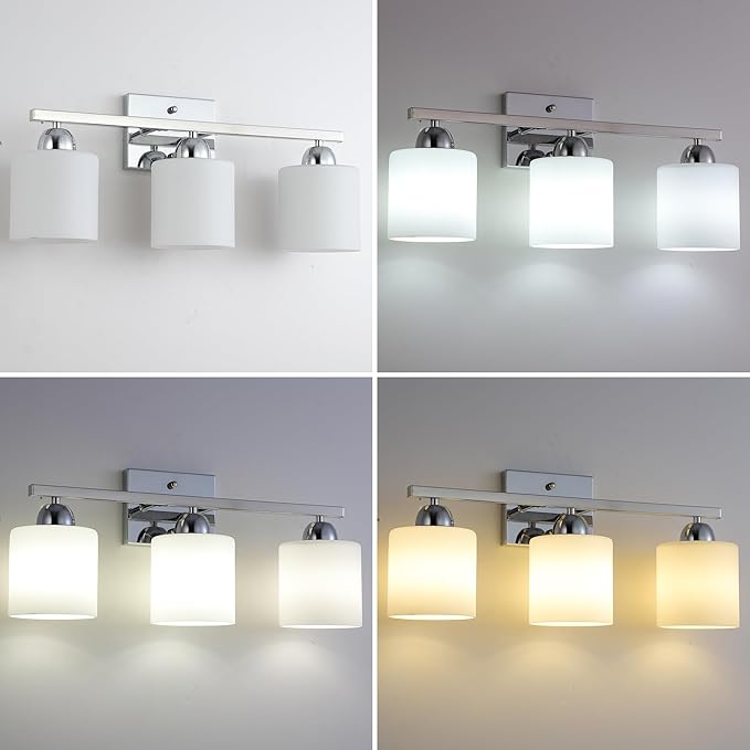 Mecgirn Stainless Steel Milk Glass Vanity Lights for Bathroom, 3 Light Chrome Bathroom Light Fixtures Over Mirror, Ceramic E26 Sockets Wall Mounted