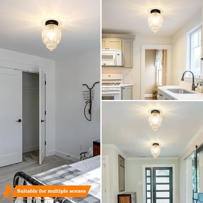 Vintage Semi Flush Mount Ceiling Light, Matte Black Hallway Lights Fixture with Clear Glass, Globe Ceiling Light Fixtures, Small Flush Mount Globe Light for Porch Corridor Bedroom
