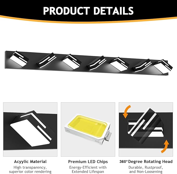 LED Modern Bathroom Vanity Light Fixtures 7-Light 48-inch 5CCT Dimmable Matte Black Vanity Lights for Bathroom Lighting Fixtures Over Mirror, with 360° Rotatable Acrylic Heads