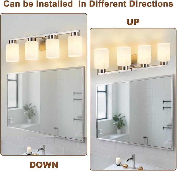 4-Light Bathroom Light Fixtures, Modern Vanity Lights, Brushed Nickel Metal Wall Lamp with White Marble Glass for Bathroom, Mirror, Living Room, Bedroom, Cabinet, Porch, Hallway, E26 Base