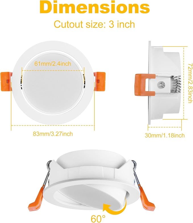 YGS-Tech 3 Inch LED Recessed Lighting, 60° Tilt Adjustable Directional Downlight, 5W Dimmable 3000K Warm White Recessed Light, 120V Ceiling Light with LED Driver (4 Pack)