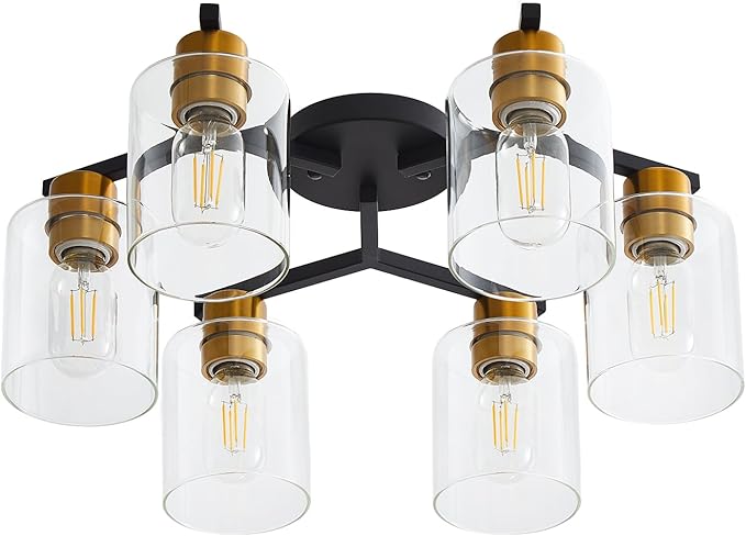 Black and Gold Semi Flush Mount Ceiling Light, 6 Light Vintage Kitchen Ceiling Lighting Fixtures, Large Ceiling Light Fixtures with Clear Glass Shade for Hallway, Living Room, Bedroom, Farmhouse