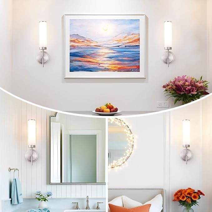 Brushed Nickel Wall Sconces Set of 2, Modern Bathroom Sconces Wall Lighting with Opal White Glass, Vanity Light Fixtures for Bathroom, Wall Mount Lights for Living Room Bedroom Hallway, Hardwired