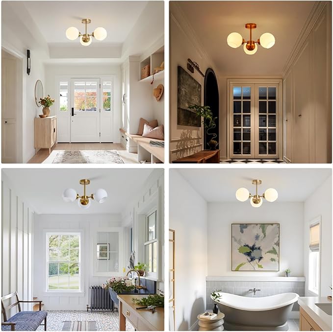 Gold Sputnik Semi Flush Mount Ceiling Light 3 Light Frosted Globe Glass Chandeliers Mid Century Close to Ceiling Light Fixture for Bedroom Living Room Entryway Hallway