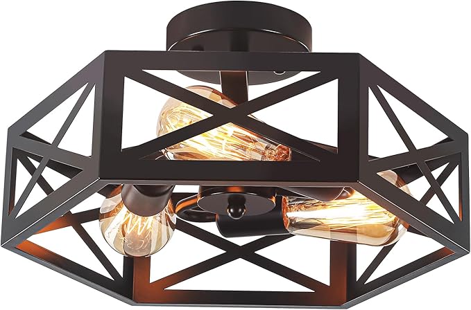 Semi Flush Mount Ceiling Light, Black 3-Light Fixtures Ceiling Mount with Hexagon Cage, Metal Industrial Close to Ceiling Light for Hallway, Kitchen, Bedroom (Black, 14.56''L)