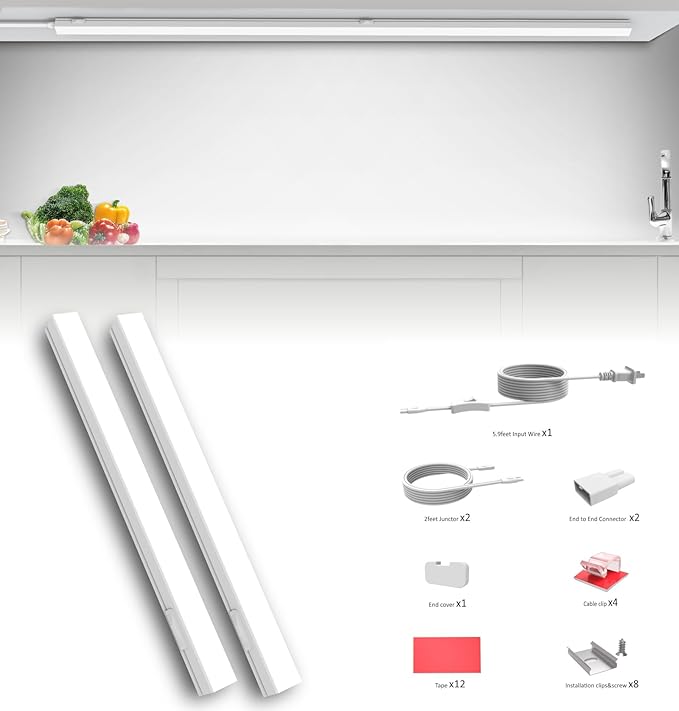 Leetdud Under Cabinet Lighting Plug in, 32 Inch 2 Pcs, Linkable AC120V 3CCT 3000K/4000K/5000K Ultra Slim, LED Under Cabinet Lights for Counter Light, Kitchen, Shelf, Sink, Workshop, Desk, White