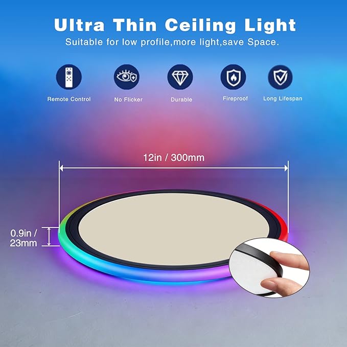 Smart Ceiling Light 12 Inch - RGB Rear Color, Living Room Lighting fixtures Ceiling, Black, 2-Pack