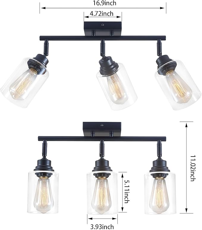 Modern 3-Light Track Lighting Fixtures Ceiling, Light Fixtures Ceiling Mount with Clear Glass Shades, Matte Black Kitchen Ceiling Light Fixtures for Bedroom, Living Room & E26 Base