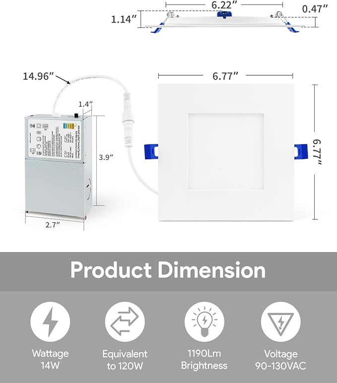 Adetu 6 Pack 6 inch Square Led Recessed Lighting,5CCT Ultra Thin Square Led Ceiling Light with Junction Box,14W 1190LM,CRI90,2700K-5000K Selectable,Dimmable Canless Downlight,ETL and Energy Star