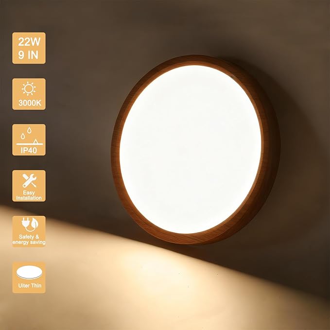 COTULIN 9 Inch LED Wood Grain Flush Mount Ceiling Light Fixtures Set of 2, Modern 22W Round Flat Overhead 3000K-4000K-6000K Selectable Ceiling Lamps for Bedroom, Living Room, Kitchen, Entryway