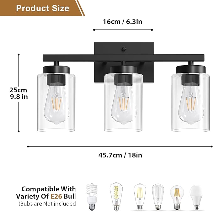 IZORRO Modern Bathroom Light Fixtures, 3 Light Black Vanity Lights, Bathroom Lighting Fixtures Over Mirror with Clear Glass for Living Room Cabinet Bedroom
