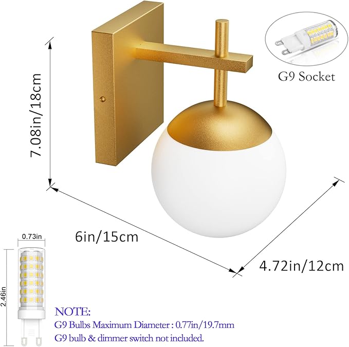 Ralbay Gold Wall Sconce, Mid Century Modern Gold Wall Light Fixtures Milky Glass Indoor Wall Lamp for Home Decor Bathroom Kitchen Living Room Vanity Hallway, Gold 1 Light (Exclude Bulb)