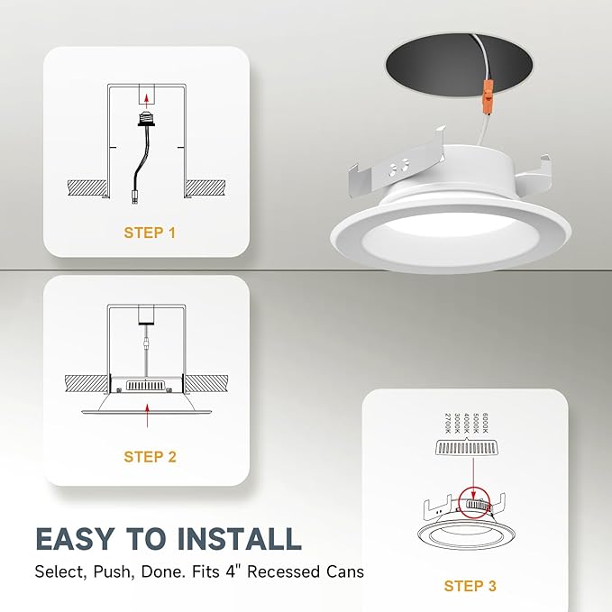 ECOELER 4 Inch 5CCT LED Retrofit Recessed Lighting, LED Dimmable Recessed Ceiling Lights, 10.5W 950Lm, 2700K-6000K Selectable Can Light, 10.5W 950LM Downlight, ETL & FCC Listed, 12 Pack