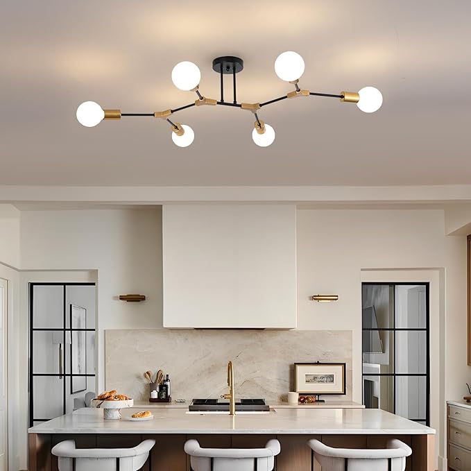 Black and Gold Semi Flush Mount Ceiling Lighting Fixture, 6 Lights Sputnik Chandelier for Living Room, Modern LED Ceiling Light Fixture for Dining Room, Bedroom, Kitchen