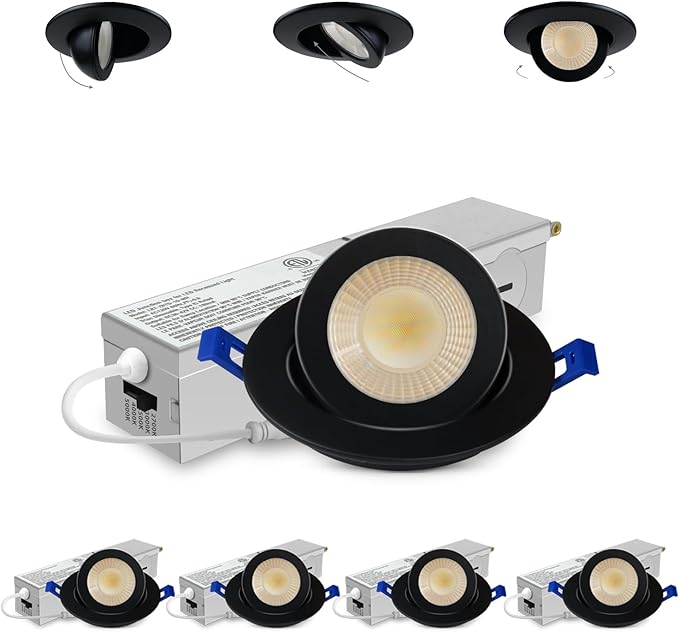Adetu 2 Inch 5CCT Gimbal Black Led Recessed Lighting with Junction Box, 360°+90° Adjustable Recessed Lights, 2700K/3000K/3500K/4000K/5000K Selectable, 5W Eqv 50W, 550LM Brightness - ETL(Black, 4 Pack)