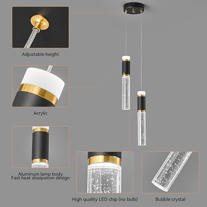 2-Light Pendant Lights Kitchen Island Black Small Pendant Lights, Dimmable LED Hanging Light with Bubble Crystal Pendant Light Modern Black Gold Mini Pendant Light
