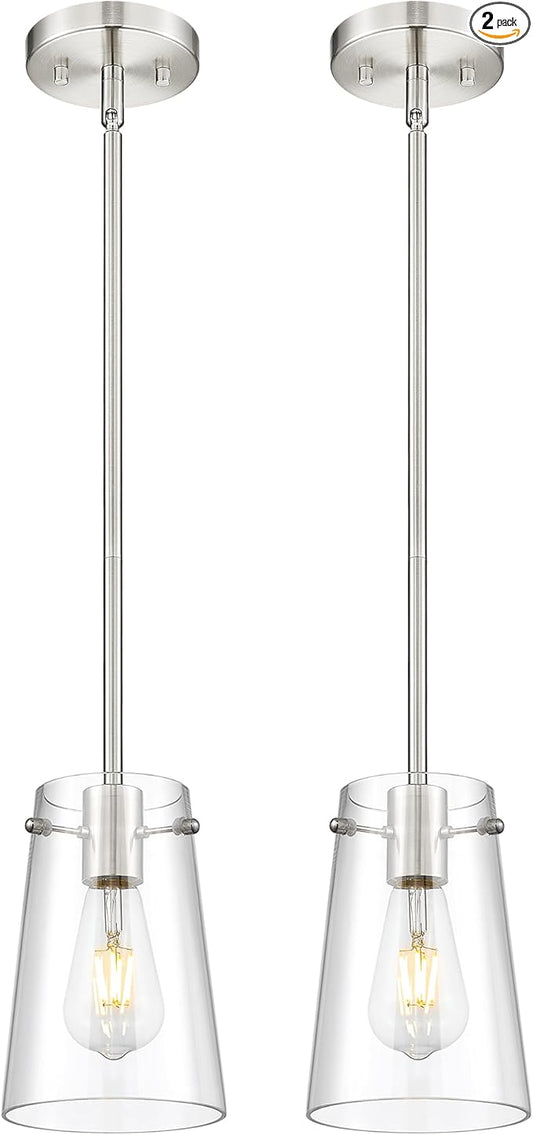 Beionxii Pendant Lights Kitchen Island 2 Pack, Brushed Nickel Hanging Lights Fixtures with Clear Glass, Kitchen Pendant Lighting Over Island, Hanging Lights for Sink Dining Room Entryway BX-PL03BN-2CG