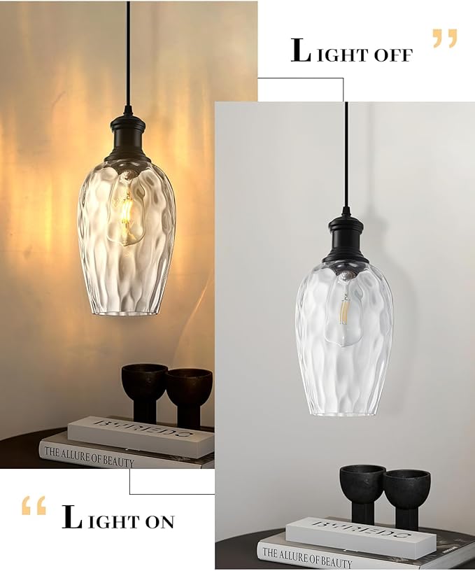Pendant Lights Kitchen Island, 6.3” Black Blown Glass Pendant Lights 1-Pack, Farmhouse Pendant Light with Clear Hammered Glass, Modern Kitchen Pendant Light for Dining Room, Bathroom, Cafe