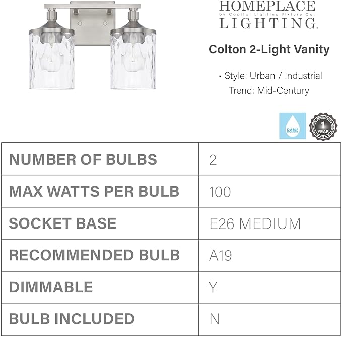 HomePlace Lighting 128821BN-451 Colton Mid-Century Clear Water Glass Bathroom Vanity Wall Light, 2-Light 200 Total Watts, 10" H x 13" W, Brushed Nickel