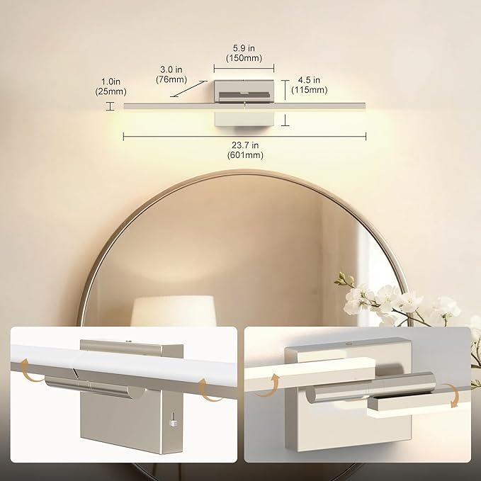 L LOHAS LED 23.7-Inch Bathroom Vanity Light Bar Over Mirror, 180° Rotatable Brushed Nickel Modern Bathroom Light Fixtures, 3CCT Adjustable LED Vanity Lights for Living Room Wall