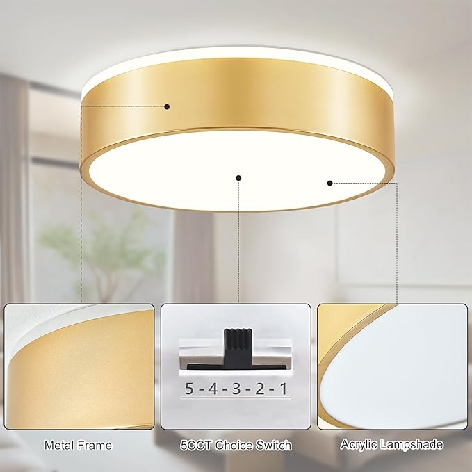 Gold Flush Mount Ceiling Lights, Modern Dimmable 5CCT Close to Lighting Fixture, 2700K-6000K LED Round Ceiling Lamp for Kitchen Hallway Bedroom Laundry Room Entryway Bathroom-11.8in
