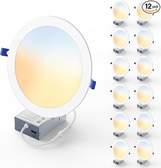 12 Pack 8 Inch LED Recessed Light, Dimmable, Damp Rated, 5CCT Selectable, 18W 1600LM, 120V, Silm Canless Wafer Ceiling Light, ETL&FCC