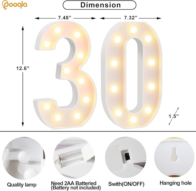 Pooqla 30th Birthday Decorations for Her Him, Large 12.6 in Tall Light Up Numbers for Party Decorations Table Decor, Big Marquee Numbers 30th Birthday Gift for Women Men Wedding Anniversary Decor