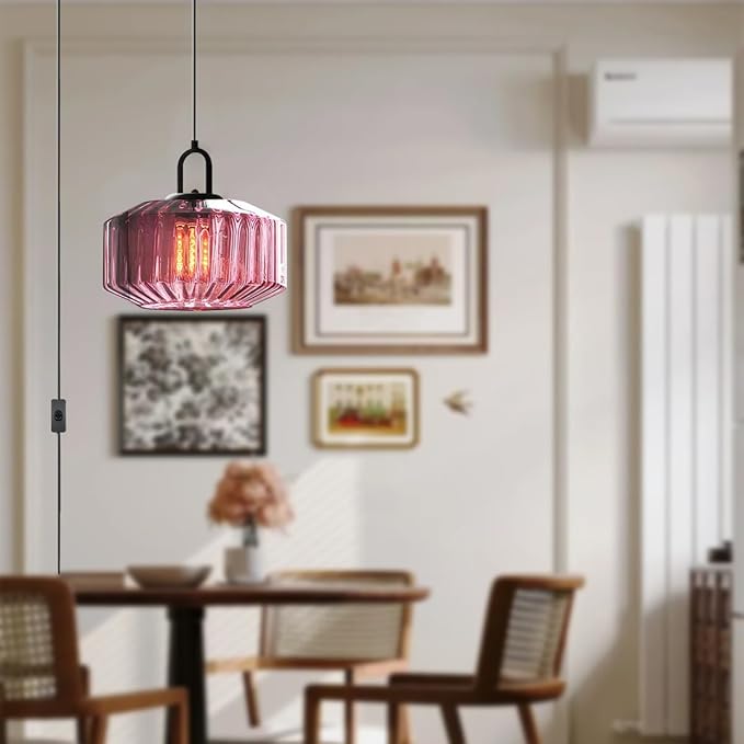 Hanging Pendant Light Plug in Vintage Plug in Hanging Light Fixture with 14.7 ft Cord Purple Striped Glass Shade Pendant Light Plug in Glass for Dining Room Farmhouse Kitchen Island