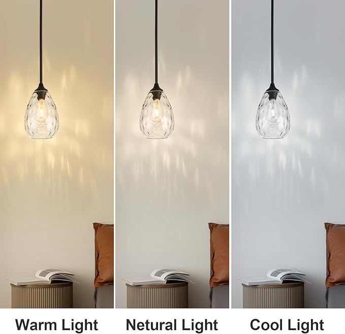 Glass Pendant Lights Kitchen Island, 6.3in Small Modern Black Pendant Light Fixtures with Hammered Clear Glass, Hanging Lighting for Kitchen Over Sink Dining Room Bedroom
