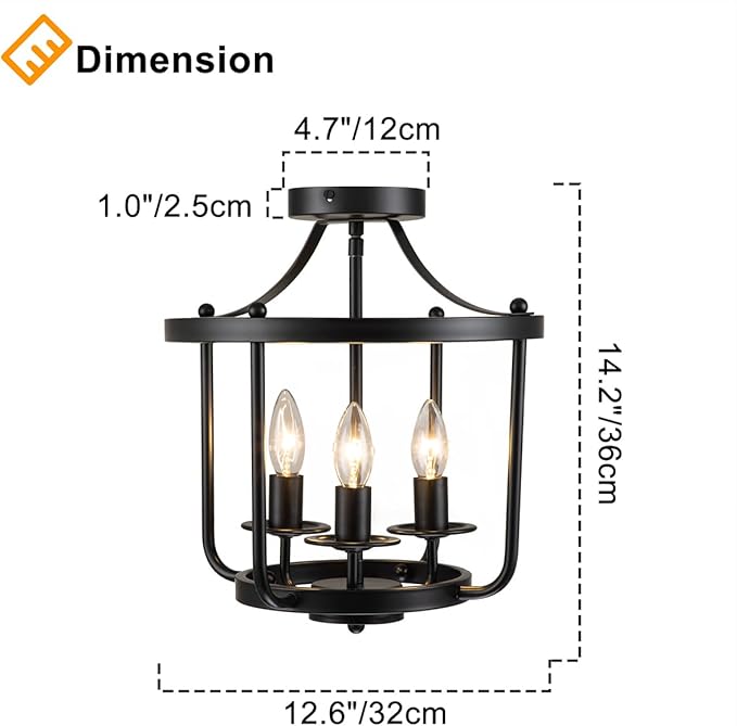 Farmhouse Semi Flush Mount Ceiling Light Fixtures, Industrial Rustic Ceiling Lamp Metal Cage Hallway Light Fixtures(3-Light Black Finish)