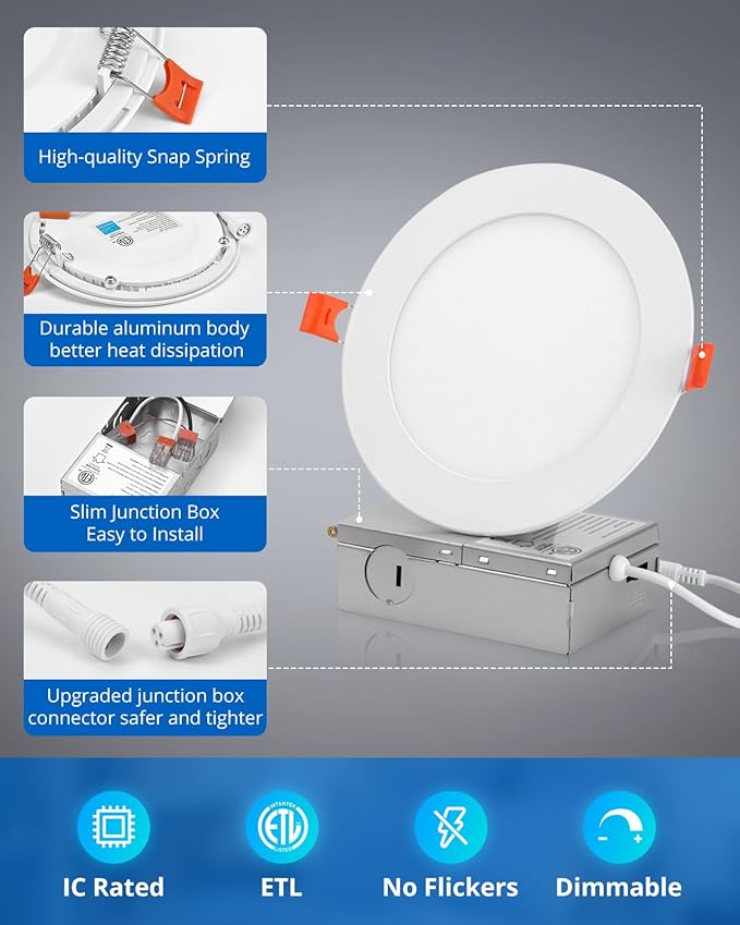8 Pack 5 Inch LED Recessed Ceiling Light 7CCT for Kitchen Retrofit, Slim Canless Wafer Downlight IC Rated for Bathroom, 10W Dimmable 800LM for Bedroom Living Room ETL FCC