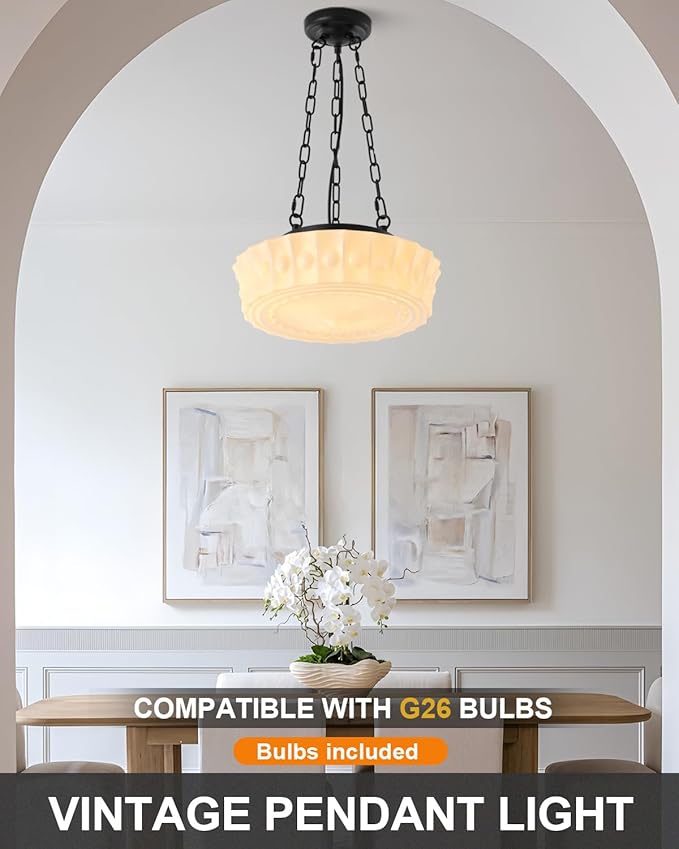 13.8" Vintage Milk Glass Pendant Light,Mid-Century Schoolhouse Hanging Ceiling Light Fixture for Bedroom,Dining Room,Hallway,Kitchen Island,4*G9 Dimmable Bulbs Included