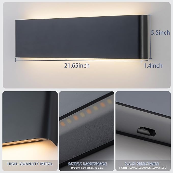 Nigaut 21.6'' LED Wall Sconces 2 Pack, 24W 5CCT Black Bathroom Vanity Lights, 3000K-6500K Hardwired Up and Down Wall Lights for Bedroom Hallway Stairwell