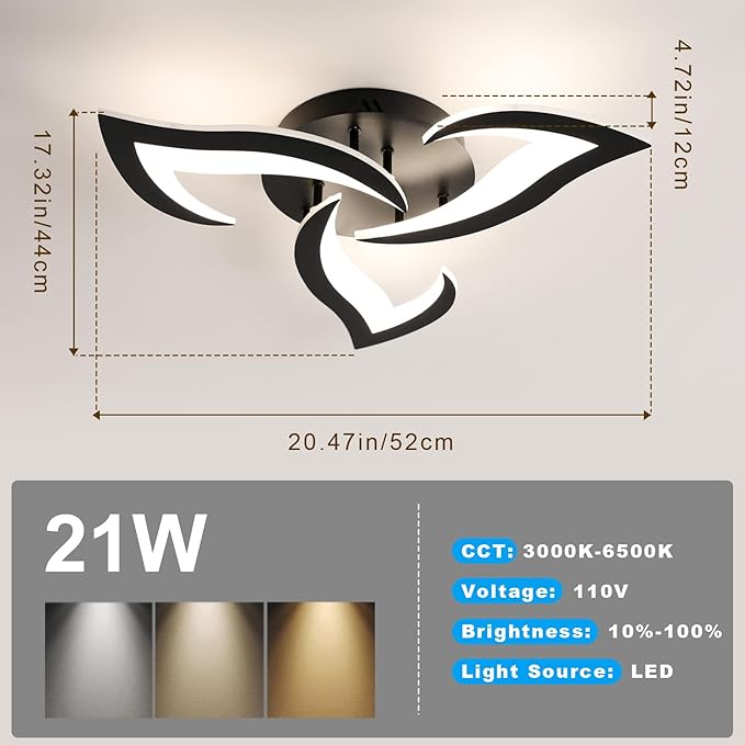 DELIPOP Modern Ceiling Light, 21W Dimmable Ceiling Lamp Remote Control, 3-Lights Flower LED Ceiling Light Fixture for Dining Room Bedroom Dinning Room Kitchen