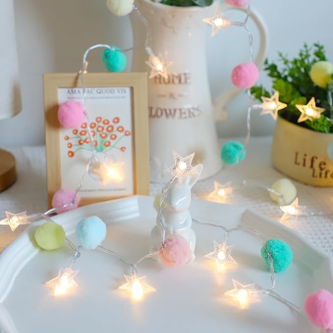 ChiRee Indoor String Lights 6.56 Feet Pom Poms Star Lights 20 LED Battery Operated String Fairy Lights Warm White Star Lights Colorful Decor Lights for Home Bedroom Kids Playhouse Holiday Christmas