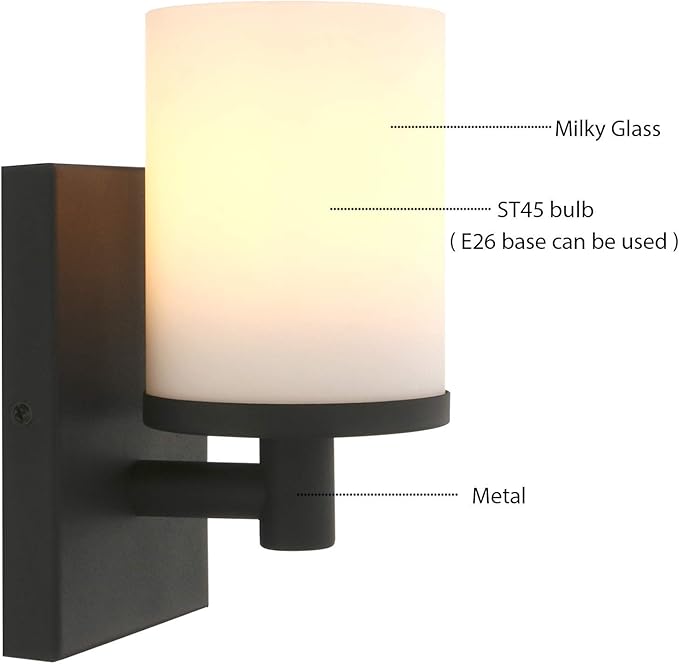 Pathson Vintage 1-Light Wall Sconce, Hardwired Bathroom Vanity Light, Frosted Glass Wall Mount Light Fixtures for Hallway Bathroom Kitchen Living Room (Black)