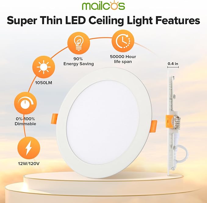 MAILCOS 6 Pack 6 Inch 5CCT Ultra-Thin LED Recessed Ceiling Light with Junction Box, 2700K-5000K Selectable, 1050LM High Brightness, Dimmable Canless Wafer Downlight, 12W 120V, ETL