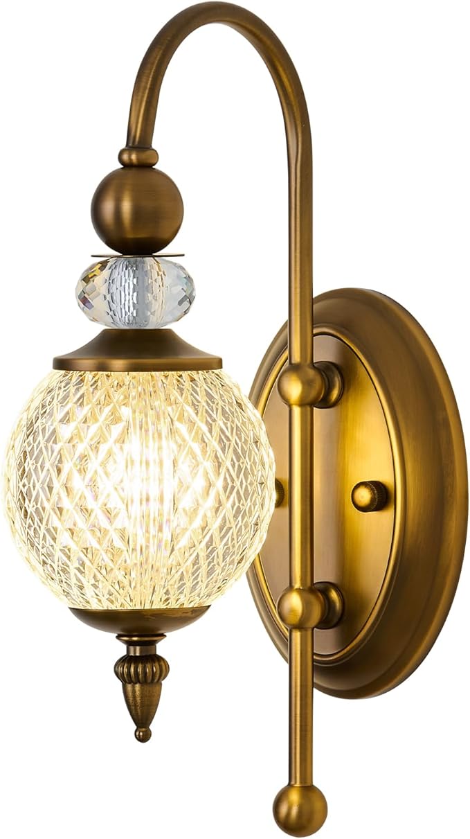 Vintage Gold Wall Sconce with Acrylic Globe Shade Brushed Brass G9 Bulb Vanity Light Indoor Wall Light for Bathroom Bedroom Hallway Living Room