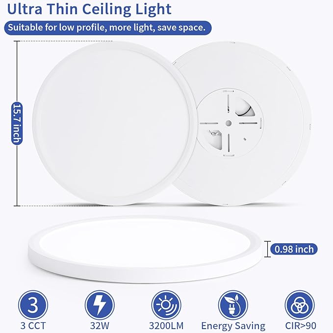 2 Pack Led Ceiling Light Fixture, 16'' 36W Ultra Thin Flush Mount, Dimmable, 3000K-4500K-6000K 3 Color Selectable, for Bedroom, Home Office, Kitchen, Dining Room, Living Room