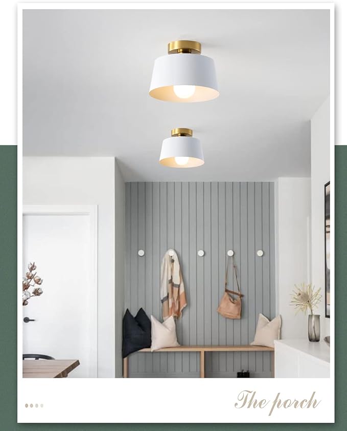 Modern Semi Flush Mount Ceiling Light with Gold Plate and Matte White Shade, Farmhouse Ceiling Light Fixture for Kitchen Island Dining Room Foyer Hallway Porch Barn Loft，10in (White 3 Pack)