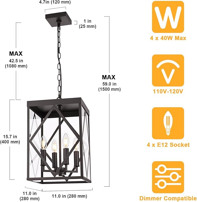15.7'' Outdoor Pendant Lighting Fixtures 4-Light Outdoor Chandelier Oil Rubbed Bronze Exterior Hanging Porch Light Fixtures w/Glass Shade Outside Pendant Lantern for Front Porch Balcony Foyer