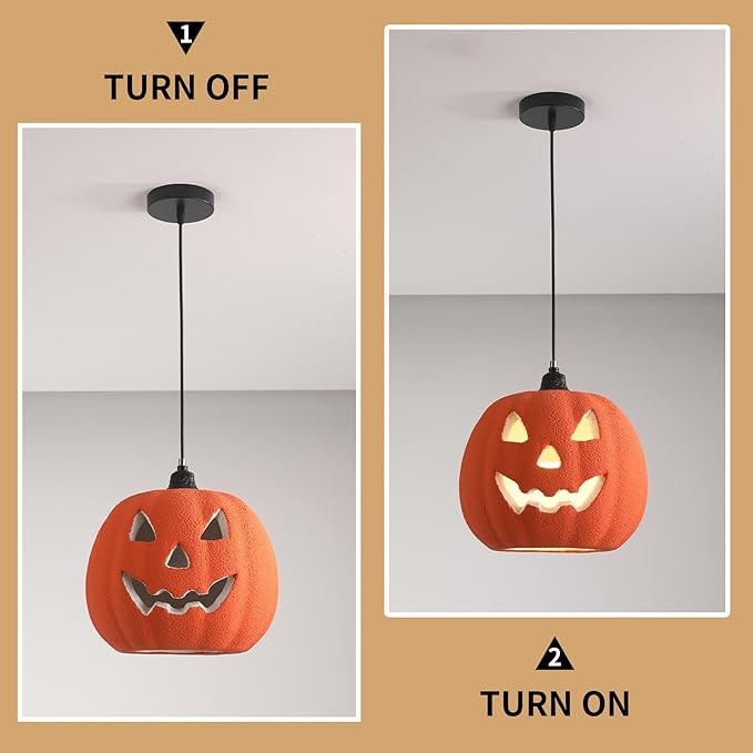JAYMP Halloween Light Up Pumpkin Pendant Light, Jack O Lantern, Living Dining Room Hanging Lamp E26 Base Lighting Fixture (Orange, 12.6in Small Size)