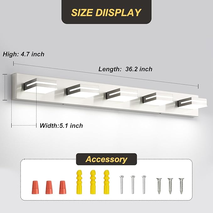 OKELI 5 Light Bathroom Vanity Light Brushed Nickel Modern 36W LED Dimmable Vanity Light Over Mirror 350° Adjustable Lamp Head Cold White 6000K ETL Listed 36.2Inch
